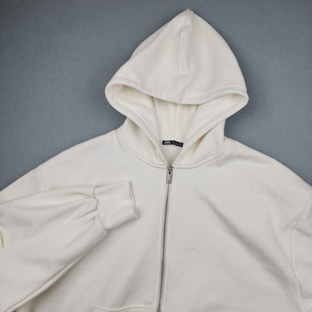 Zara Hoodie Mens L White Fleece Full Zip Sweatshirt Solid Kangaroo Pocket